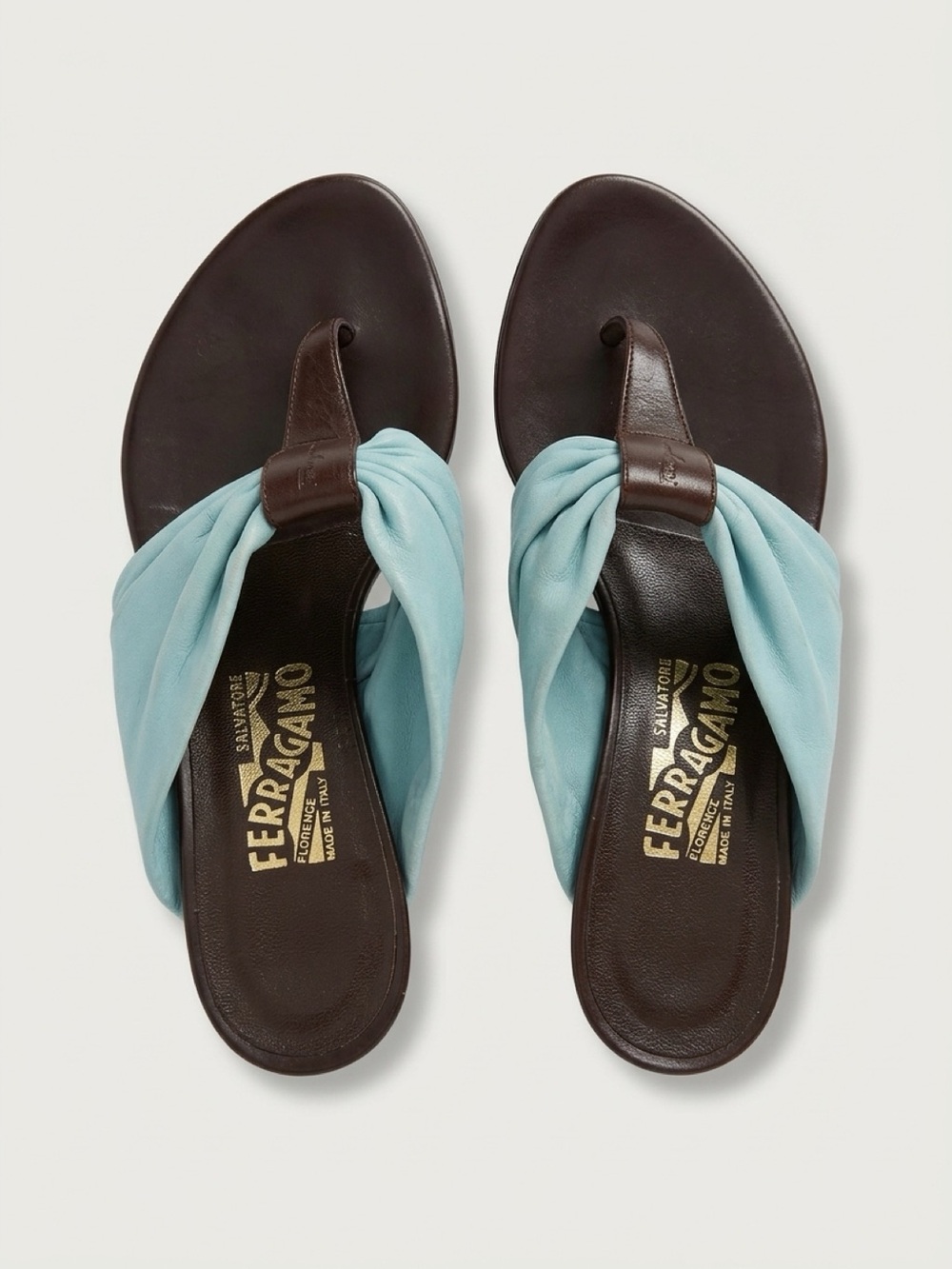 Salvatore Ferragamo Aqua Twist Toe-Post Sandals with Brown Leather Footbed 6.5